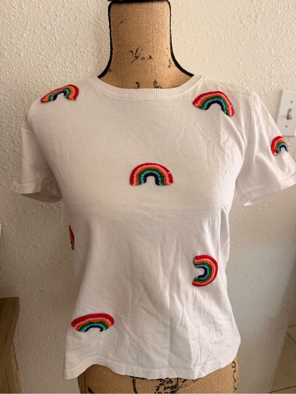 Zara White Short-Sleeve Tee with Rainbow Appliques